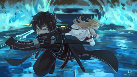 Kirito with black hair and sword stands ready alongside blonde Asuna Yuuki in a dynamic Sword Art Online anime scene, captured in a vivid HD PC desktop wallpaper.