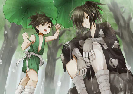 Anime characters Dororo and Hyakkimaru from Dororo stand in the rain. Dororo energetically holds a large leaf as an umbrella while Hyakkimaru, with bandaged limbs, sits nearby.