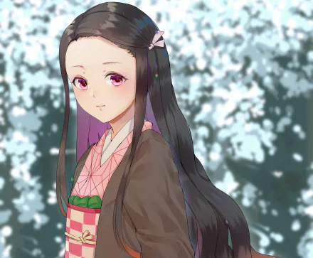 Nezuko Kamado from Demon Slayer: Kimetsu no Yaiba — gentle smile, long dark hair, pink kimono and brown haori against soft white blossom bokeh; 2K Quad HD PC desktop wallpaper.