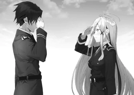 HD anime wallpaper featuring Shinei Nouzen and Vladilena Milizé from Eighty Six, depicted saluting each other against a soft, muted background.