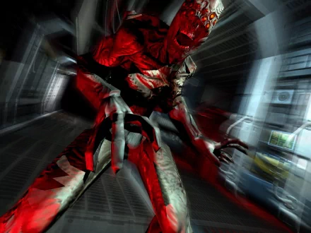 Doom video game HD PC desktop wallpaper/background: a red demonic creature lunges through a dim metallic corridor with motion blur and harsh lighting, conveying a frantic, hellish assault.