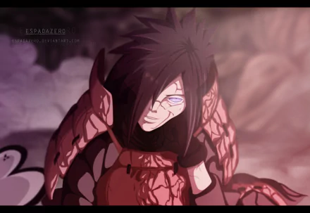 Madara Uchiha in armor with glowing Rinnegan eyes, depicted in a dramatic Naruto anime scene, rendered in 4K Ultra HD for PC desktop wallpaper.