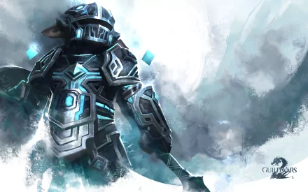 HD concept art of an armored Asura character from Guild Wars 2, featured as a PC desktop wallpaper with a misty, mystical background.