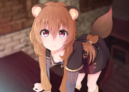 Anime character Raphtalia from The Rising of the Shield Hero with pink eyes, animal ears, and a tail, featuring brown hair in a HD wallpaper background.