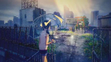 A HD wallpaper featuring Hina Amano from Weathering with You (Tenki no Ko). She stands on a rooftop holding an umbrella, with sunlight breaking through clouds over a cityscape.