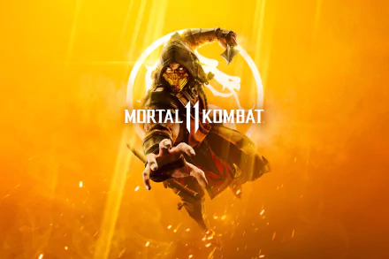 HD desktop wallpaper of Scorpion from Mortal Kombat 11 in action against a fiery yellow background, featuring the Mortal Kombat logo prominently.