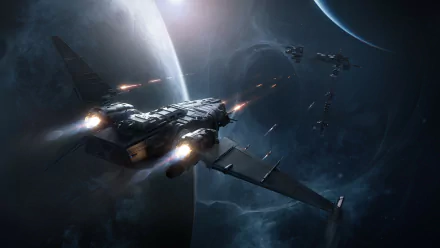 HD wallpaper of Star Citizen video game, featuring a spaceship flying near a planet with other spacecraft in the background, set against a cosmic backdrop.