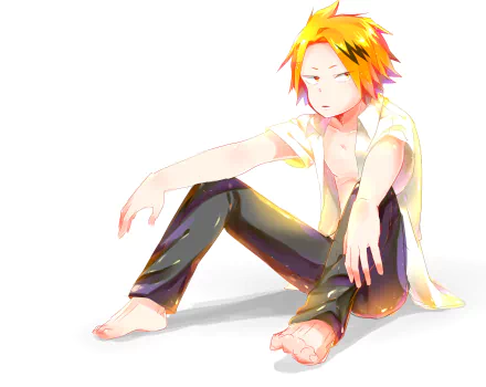 Denki Kaminari from My Hero Academia seated barefoot with open shirt and glowing yellow highlights — 2K Quad HD anime PC desktop wallpaper/background.
