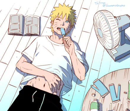 HD PC desktop wallpaper/background of Naruto Uzumaki (Naruto anime), lying on a wooden floor eating a popsicle, shirt lifted to show his belly, with a fan and open book nearby.