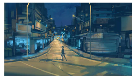 A serene night scene in an anime-style city, featuring dimly lit streets and a solitary figure amidst closed shops, captured in stunning 4K Ultra HD quality.