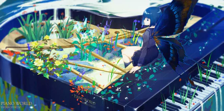 Anime-style original artwork of a blue butterfly-winged girl sitting on a grand piano adorned with colorful flowers, rendered in stunning 4K Ultra HD for PC desktop wallpaper.