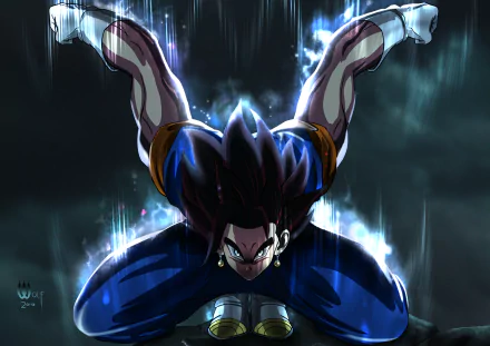 Ultra Instinct Vegito from Dragon Ball Super plunging downward with a glowing aura and energy streaks — 2K Quad HD anime PC desktop wallpaper/background.