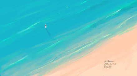 HD anime beach wallpaper showing a lone figure standing in clear turquoise water near a sandy shore, blending serene ocean hues with soft beach tones.