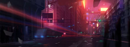 HD anime night cityscape with glowing lights and skyscrapers. Eerie, futuristic streets illuminated by vibrant red and blue tones.