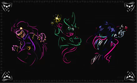 Neon-style outlines of Ralsei, Susie, and Kris from Deltarune on a black background, displayed as a 4K Ultra HD PC desktop wallpaper.
