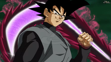 Goku Black from Dragon Ball Super, smirking with a clenched fist and a swirling purple-black energy aura behind him — 4K Ultra HD anime PC desktop wallpaper.