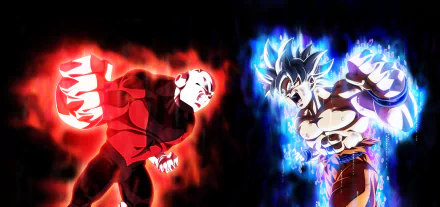 An 8K Ultra HD desktop wallpaper featuring Jiren and Ultra Instinct Goku from Dragon Ball Super, both powering up with intense energy auras in a dynamic anime scene.