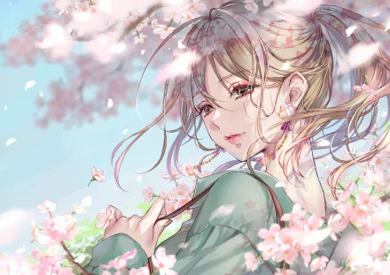 An anime drawing of a blonde girl with long hair in a ponytail and brown eyes, wearing earrings, surrounded by cherry blossoms. The background features a blue sky with scattered blossoms.