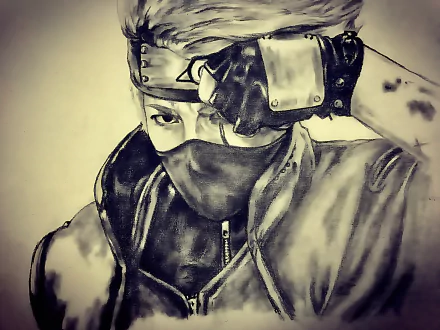HD anime desktop wallpaper featuring Kakashi Hatake from Naruto, depicted in a monochrome, detailed sketch style with his signature headband and mask.