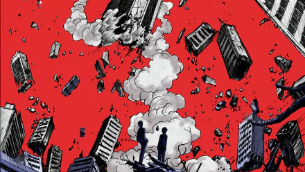 A striking HD desktop wallpaper featuring characters from Mob Psycho 100 standing amidst falling buildings and plumes of smoke against a bold red background.