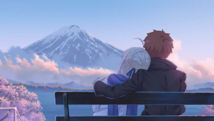 Shirou Emiya and Saber from Fate/Stay Night: Unlimited Blade Works sit on a bench, embracing as they gaze at a serene mountain landscape. HD desktop wallpaper and background.