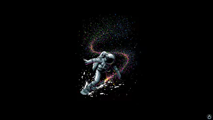 HD sci-fi desktop wallpaper featuring an astronaut skateboarding through a cosmic trail of colorful stars against a black space background.