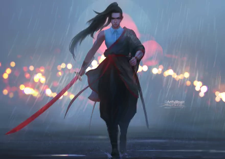 Anime warrior strides through heavy rain with long flowing hair and a glowing sword, set against a blurred city lights background in this HD PC desktop wallpaper.
