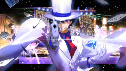 HD PC desktop wallpaper featuring Kaito Kuroba from Detective Conan, depicted in a white suit and top hat, aiming a gun with a sparkling cityscape in the background.