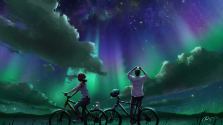 Anime-style HD night scene of two cyclists watching vibrant northern lights under a starry sky, designed as a PC desktop wallpaper and background.