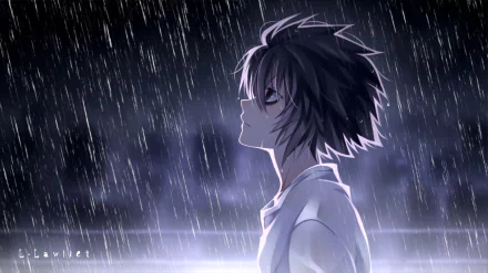 HD desktop wallpaper of L from Death Note anime, depicted standing in the rain, profile view, with a serious expression.