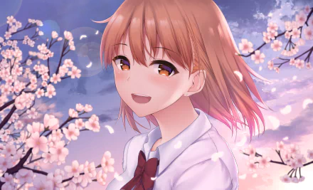 bow tie cherry blossom brown eyes brown hair short hair Anime Original HD Desktop Wallpaper | Background Image