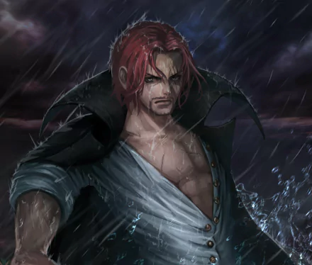 HD PC desktop wallpaper featuring Shanks from the anime One Piece, depicted with a serious expression under rain and dark stormy skies.