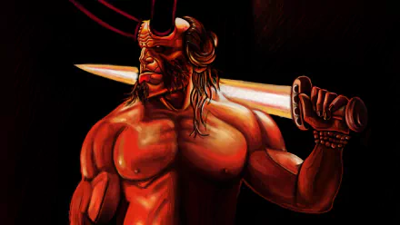 4K Ultra HD PC desktop wallpaper — Hellboy (Dark Horse Comics): muscular horned demon holding a massive sword over his shoulder in bold comic-book style.