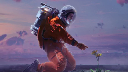 HD PC desktop wallpaper featuring a sci-fi astronaut in an orange suit kneeling on an alien landscape, reaching out to touch a glowing flower under a purple sky.
