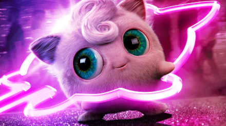 HD desktop wallpaper featuring Jigglypuff from Pokémon Detective Pikachu movie, with a vibrant neon glow background and Jigglypuff's adorable, large, green eyes.