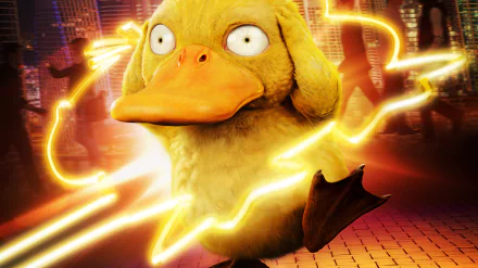 Psyduck from the movie Pokémon Detective Pikachu, depicted with vibrant colors and dynamic lightning effects, creates an engaging 4K Ultra HD desktop wallpaper and background.