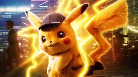 HD desktop wallpaper of Pikachu from the movie Pokémon Detective Pikachu, featuring Pikachu wearing a detective hat, surrounded by electric sparks in a vibrant, illuminated background.