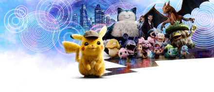HD desktop wallpaper featuring Pokémon Detective Pikachu, a group of Pokémon, and a cityscape background with vibrant circular patterns.