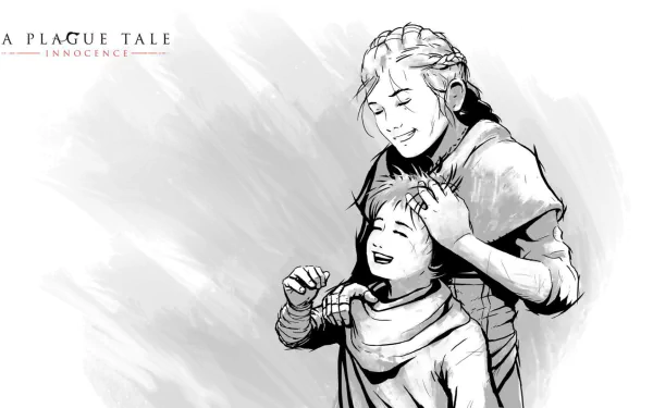 HD wallpaper featuring Amicia and Hugo de Rune from A Plague Tale: Innocence in a monochrome illustration.