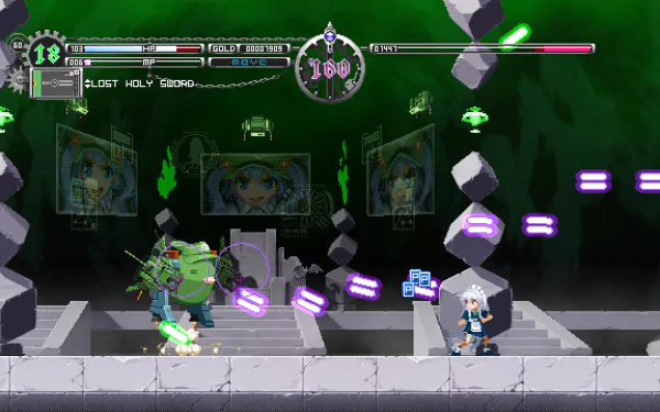 HD desktop wallpaper from Touhou Luna Nights featuring a character battling an enemy with vibrant, floating purple projectiles in a green-toned level.