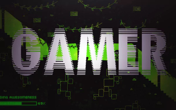 Glitch-style 'GAMER' text over green digital circuitry on a dark 2K Quad HD PC desktop wallpaper, video game aesthetic.