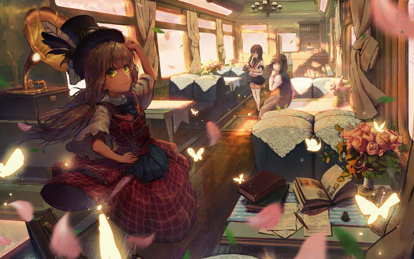 Anime-style 4K Ultra HD train interior scene with characters, warm lighting, floating butterflies, and detailed vintage decor, creating a captivating original desktop wallpaper.