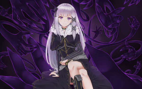HD desktop wallpaper featuring Emilia from the anime Re:Zero - Starting Life in Another World. She is depicted sitting against a dark, intricate background, exuding a serene and composed demeanor.