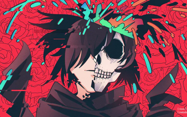 Glitch art HD desktop wallpaper featuring a half-skull, half-human portrait of Hyakkimaru from the anime Dororo with a vibrant red rose background.