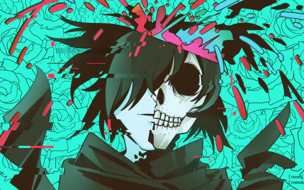 Glitch art of Hyakkimaru from Dororo with a half-skull face, set against a vibrant turquoise background with red and black accents in an anime HD desktop wallpaper.