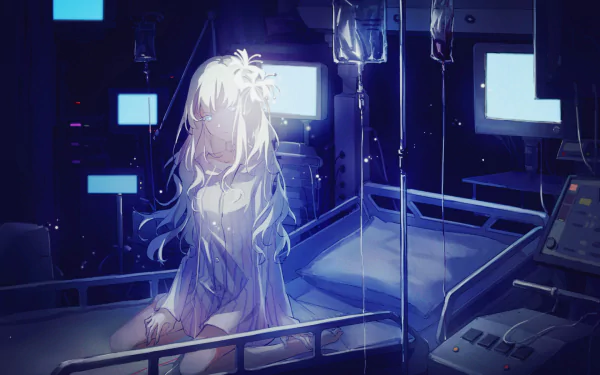 Anime character with white hair sits on a hospital bed in a dimly lit room, surrounded by medical equipment. The HD wallpaper background creates a serene and mysterious atmosphere.