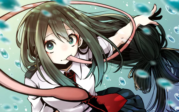 4K Ultra HD anime wallpaper featuring Tsuyu Asui from My Hero Academia, showcasing her with an extended tongue and underwater bubbles in a dynamic, vibrant style.