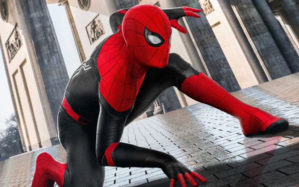 Spider-Man swinging through city skyscrapers against a vibrant blue sky backdrop, captured on an HD desktop wallpaper from Spider-Man: Far From Home.