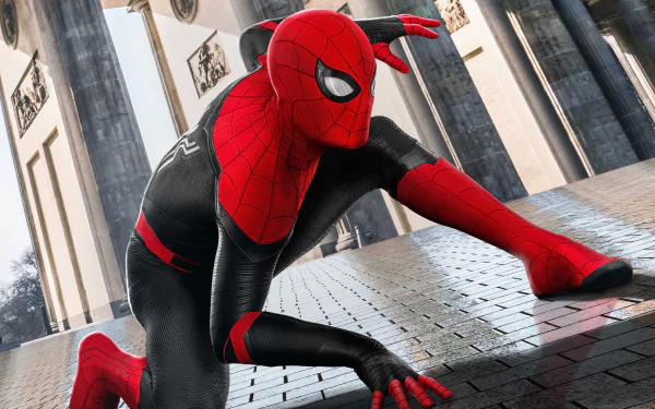 Spider-Man in his red and black suit crouches on a stone surface with pillars and architectural details behind, from the movie Spider-Man: Far From Home, in 4K Ultra HD.