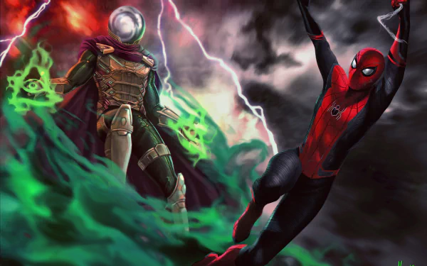 HD desktop wallpaper featuring Mysterio and Spider-Man from the movie Spider-Man: Far From Home, set against a stormy, lightning-filled backdrop.